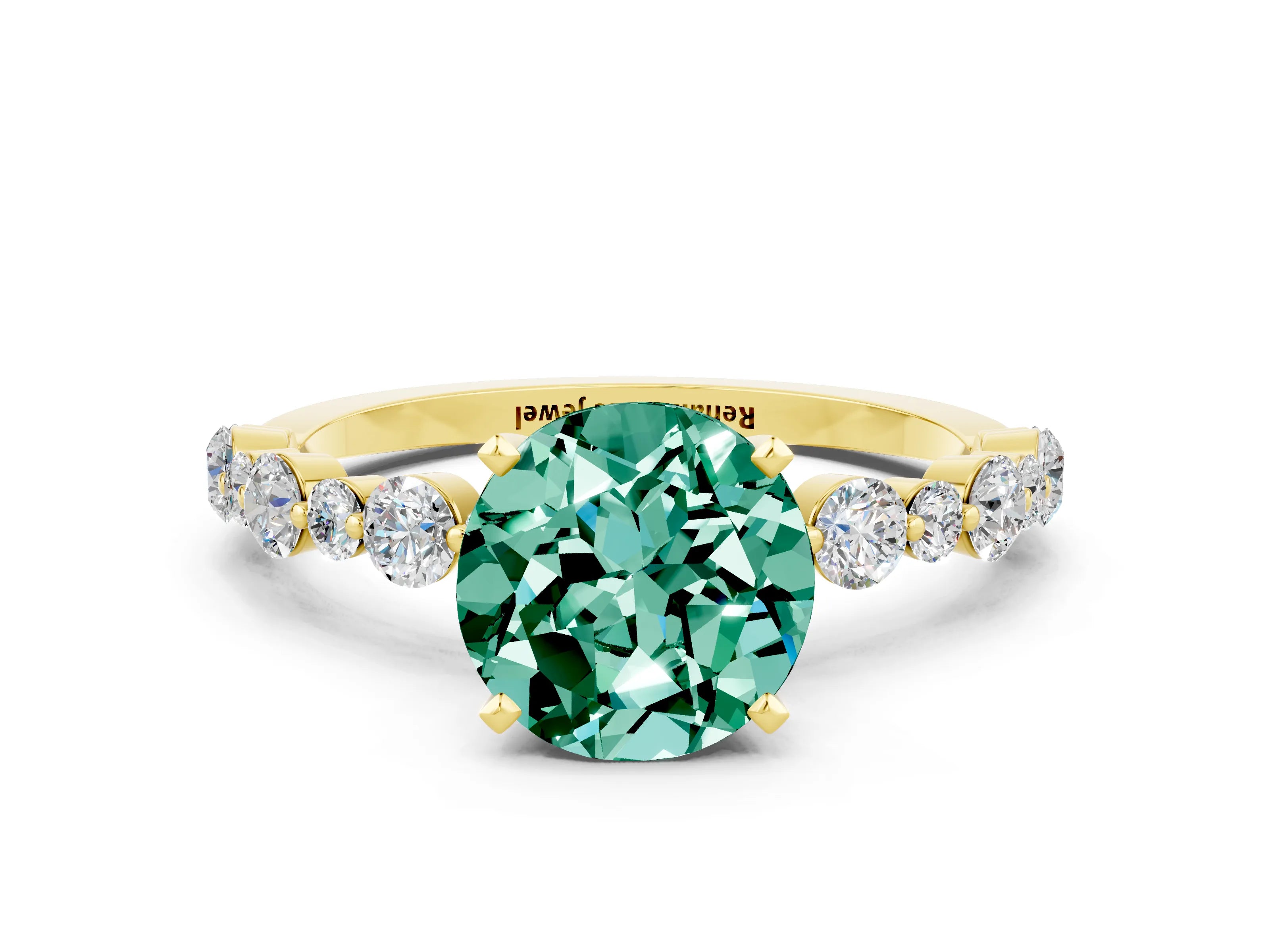 Yellow gold Round Cut Green Sapphire Prong Set Engagement Ring with Pavé Band