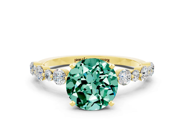 Yellow gold Round Cut Green Sapphire Prong Set Engagement Ring with Pavé Band