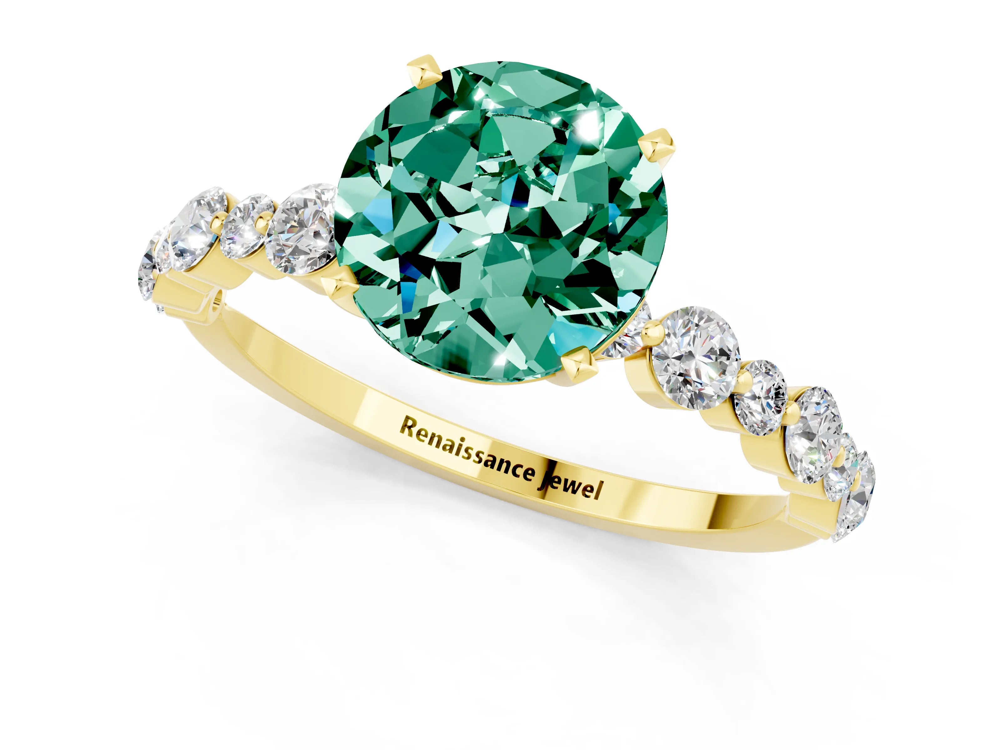 Yellow gold Round Cut Green Sapphire Prong Set Engagement Ring with Pavé Band_1