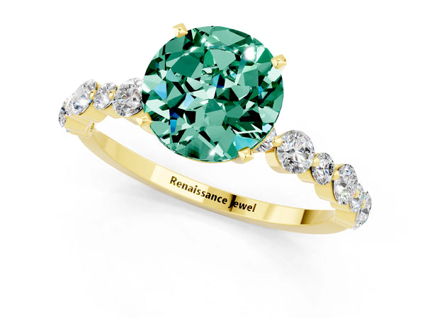 Yellow gold Round Cut Green Sapphire Prong Set Engagement Ring with Pavé Band