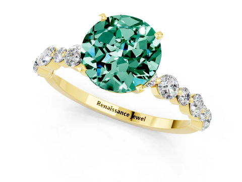 Yellow gold Round Cut Green Sapphire Prong Set Engagement Ring with Pavé Band_1