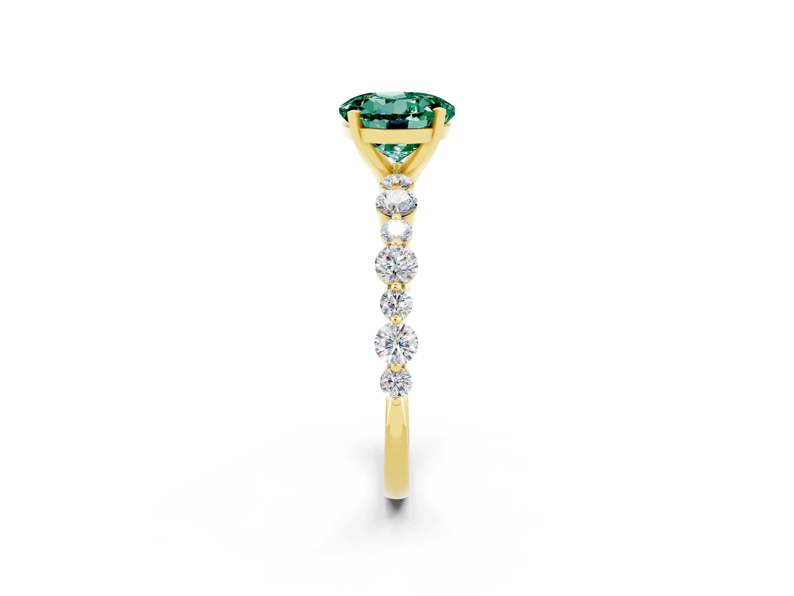 Yellow gold Round Cut Green Sapphire Prong Set Engagement Ring with Pavé Band_2