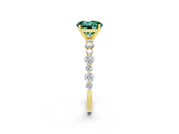 Yellow gold Round Cut Green Sapphire Prong Set Engagement Ring with Pavé Band