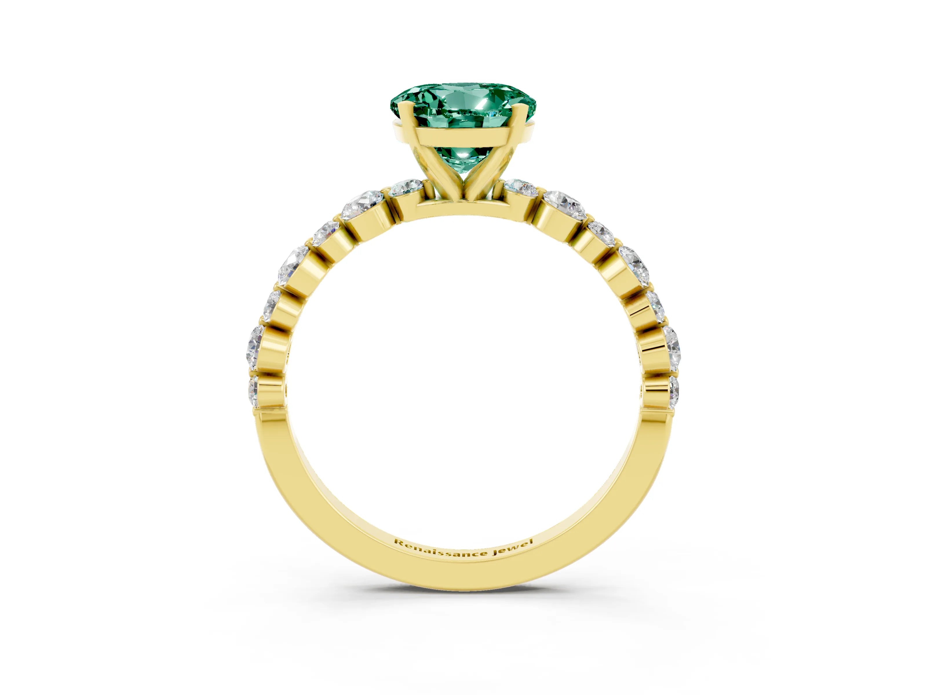 Yellow gold Round Cut Green Sapphire Prong Set Engagement Ring with Pavé Band_3