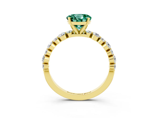 Yellow gold Round Cut Green Sapphire Prong Set Engagement Ring with Pavé Band