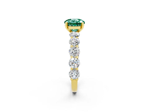 Yellow gold Round Cut Green Sapphire Prong Setting with Side Stones on a Pave Band_2