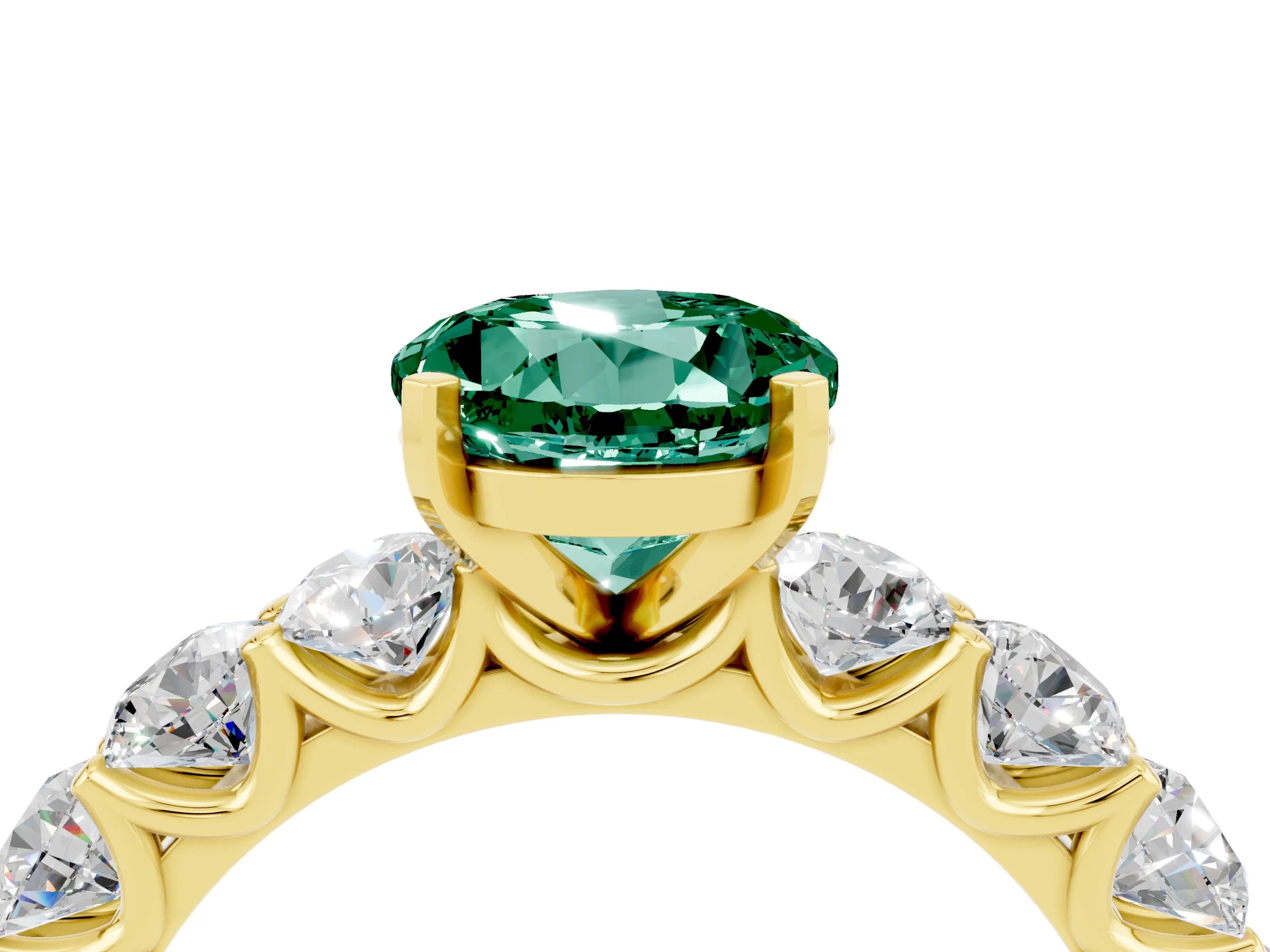 Yellow gold Round Cut Green Sapphire Prong Setting with Side Stones on a Pave Band_4