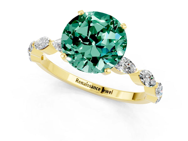 Yellow gold Round Cut Green Sapphire Ring with Marquise Side Stones and Prong Setting