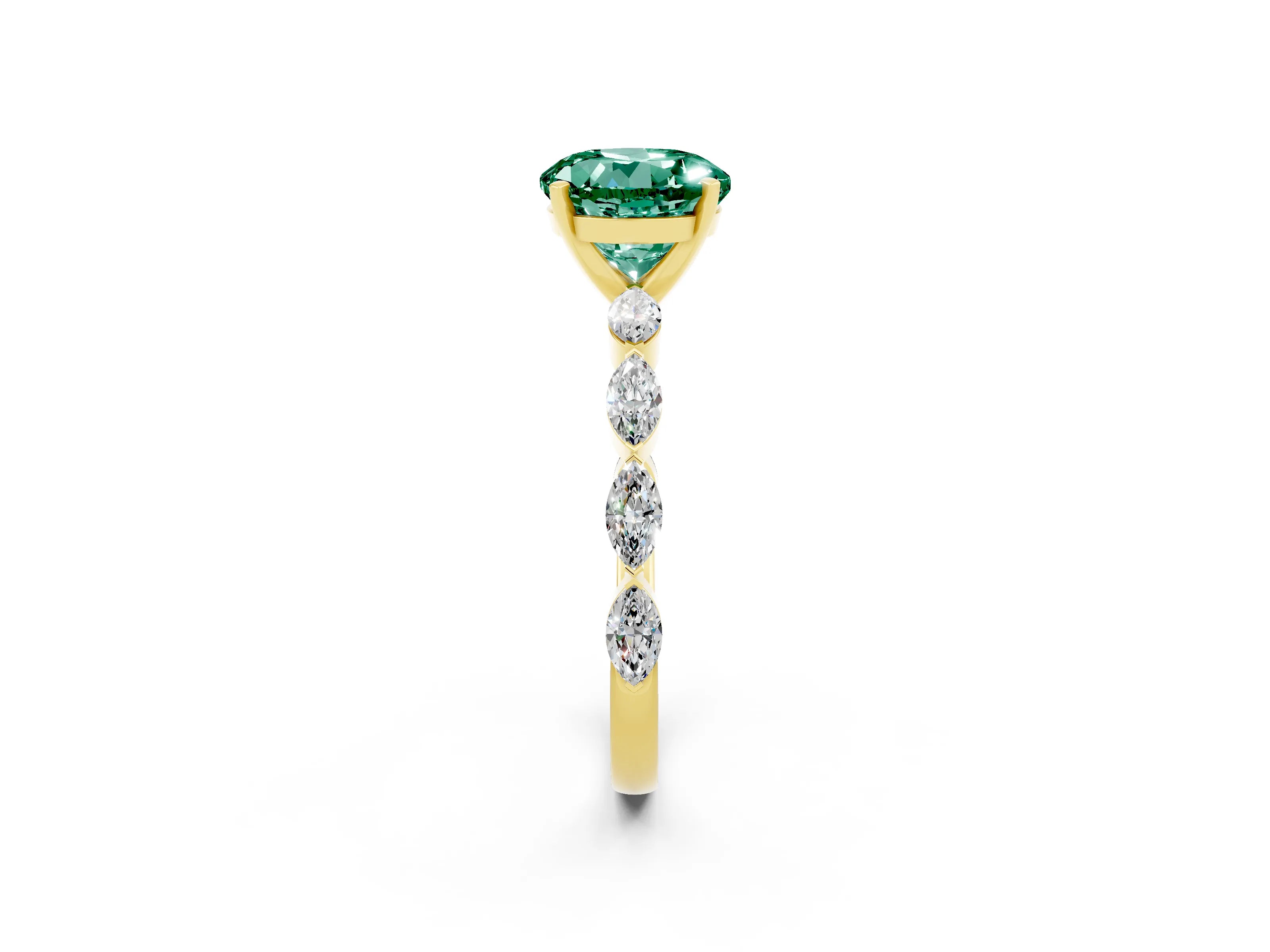 Yellow gold Round Cut Green Sapphire Ring with Marquise Side Stones and Prong Setting_2