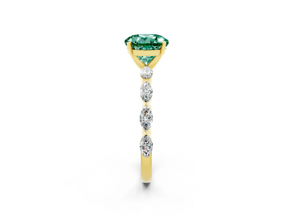 Yellow gold Round Cut Green Sapphire Ring with Marquise Side Stones and Prong Setting