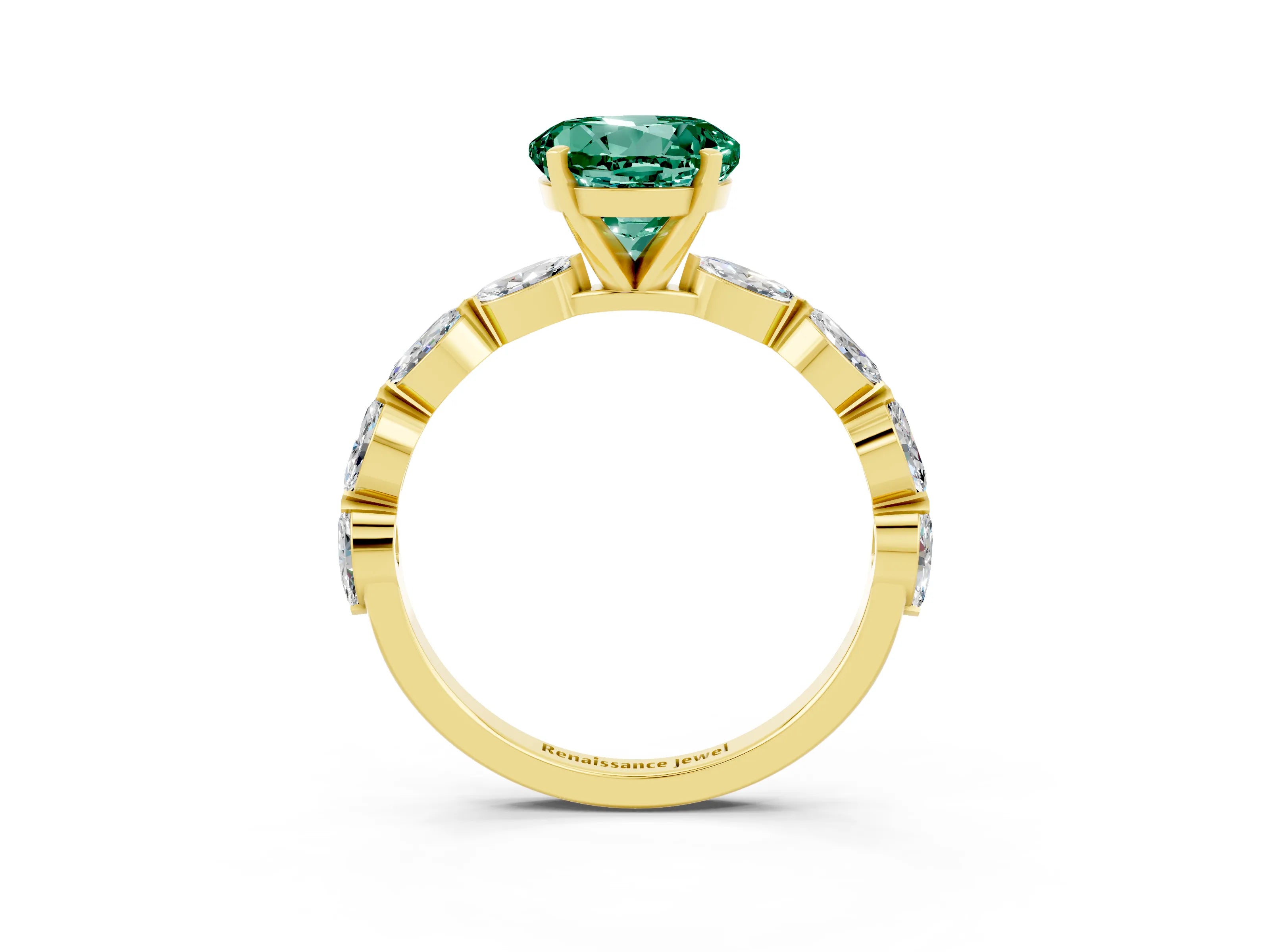 Yellow gold Round Cut Green Sapphire Ring with Marquise Side Stones and Prong Setting_3