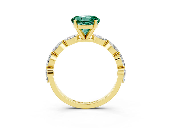 Yellow gold Round Cut Green Sapphire Ring with Marquise Side Stones and Prong Setting