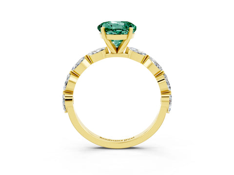 Yellow gold Round Cut Green Sapphire Ring with Marquise Side Stones and Prong Setting_3