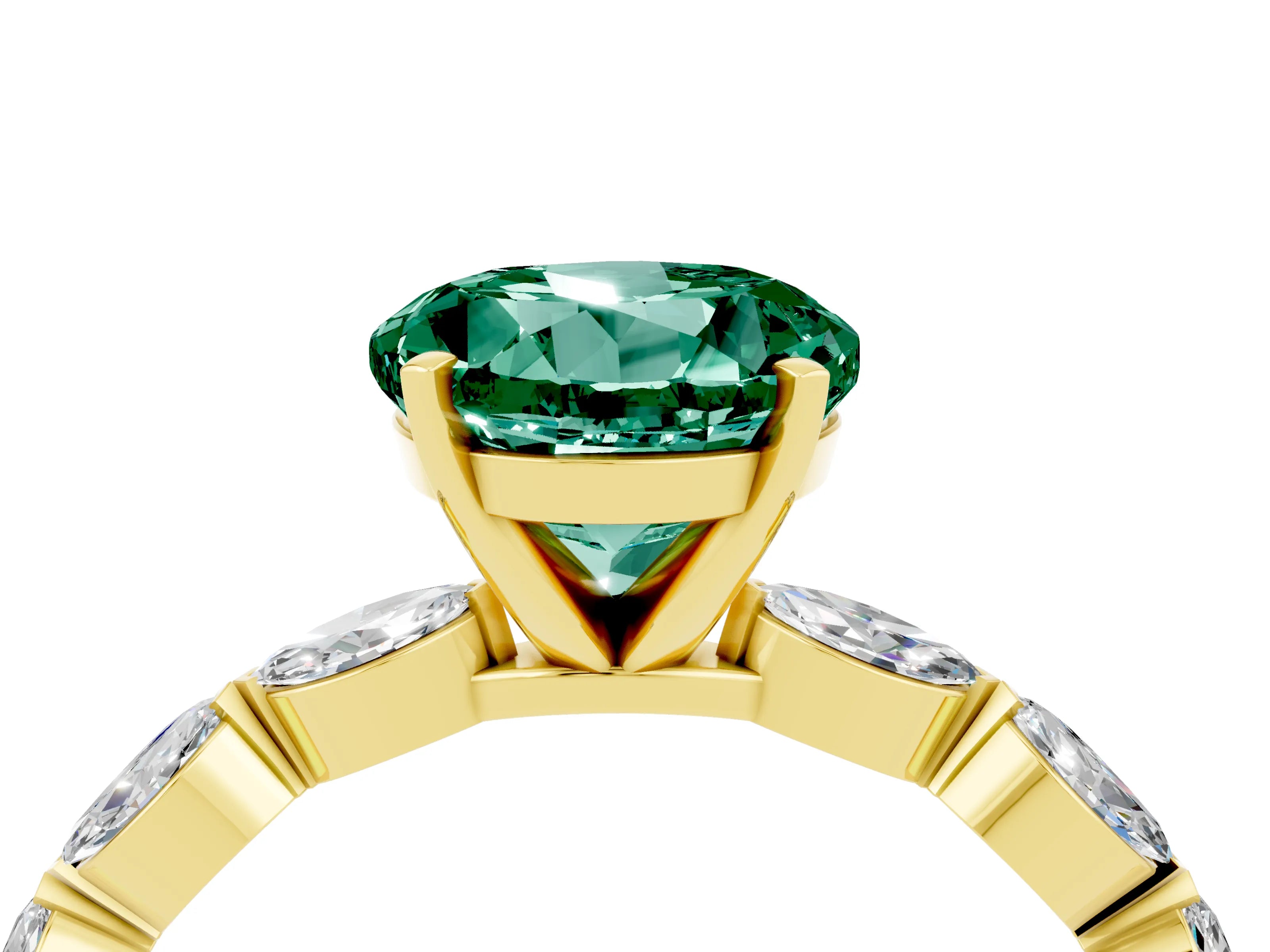 Yellow gold Round Cut Green Sapphire Ring with Marquise Side Stones and Prong Setting_4
