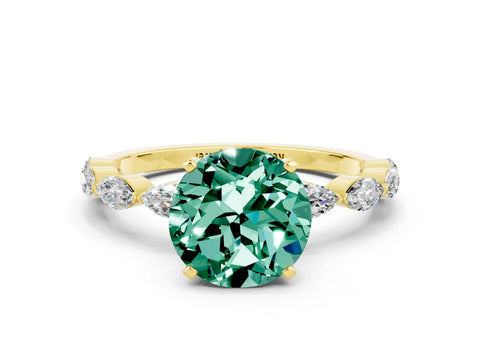 Yellow gold Round Cut Green Sapphire Ring with Marquise Side Stones and Prong Setting