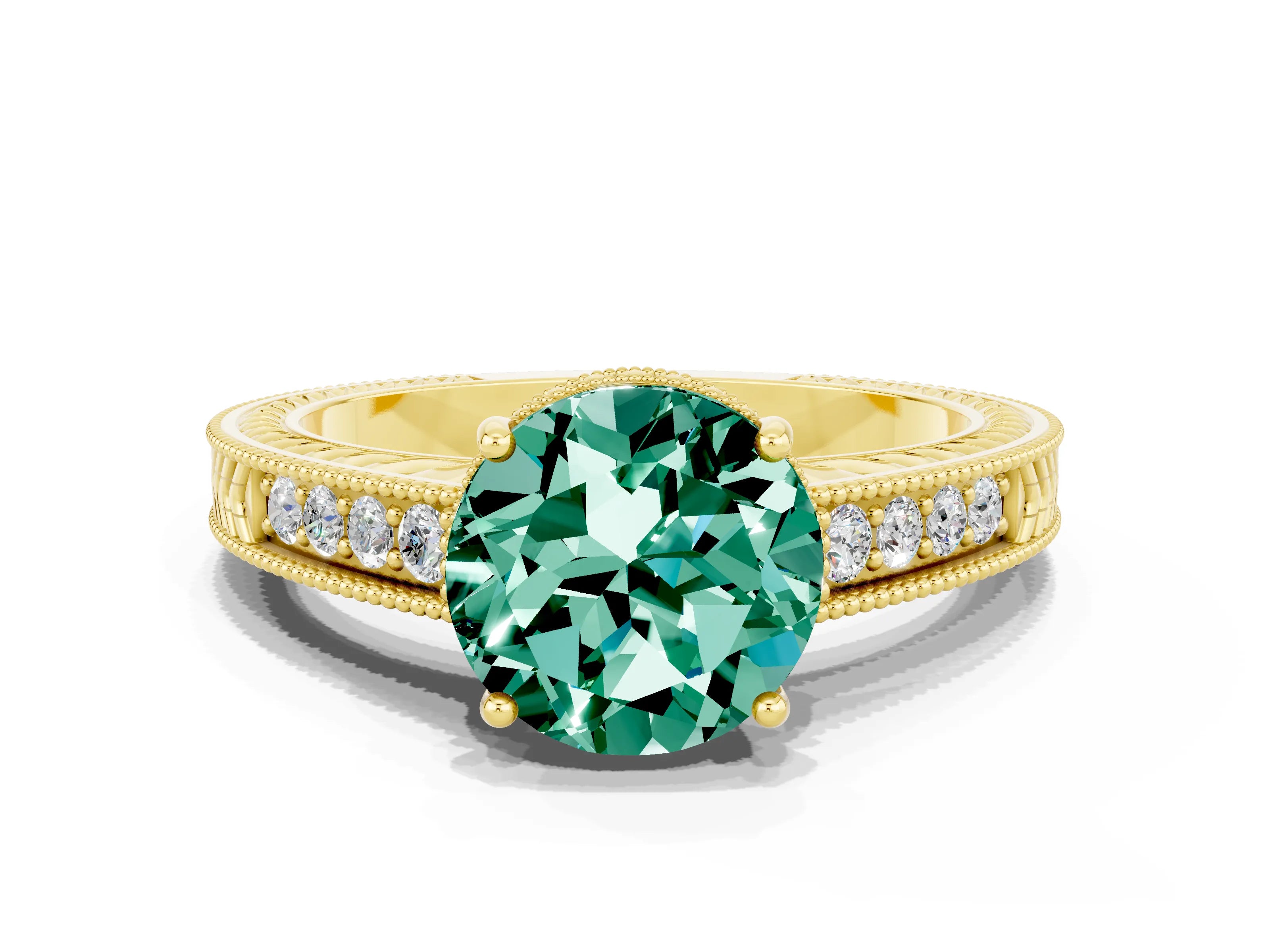 Yellow gold Round Cut Green Sapphire Ring with Milgrain Pavé Band and Four-Prong Setting_12