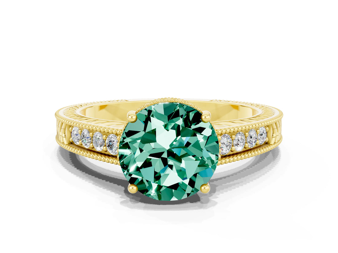 Yellow gold Round Cut Green Sapphire Ring with Milgrain Pavé Band and Four-Prong Setting_12