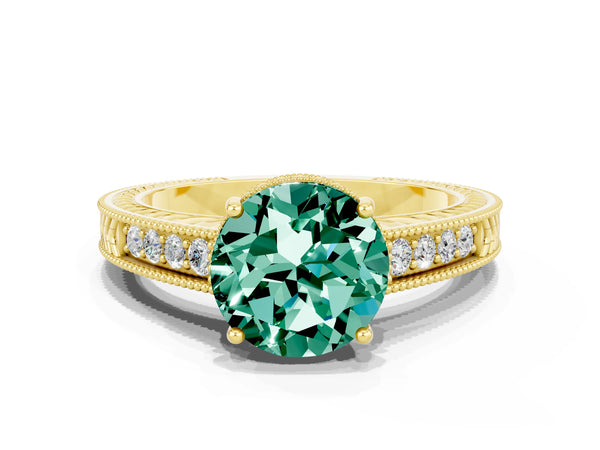 Yellow gold Round Cut Green Sapphire Ring with Milgrain Pavé Band and Four-Prong Setting