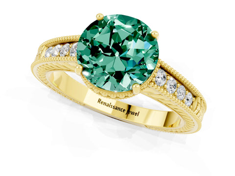 Yellow gold Round Cut Green Sapphire Ring with Milgrain Pavé Band and Four-Prong Setting_13