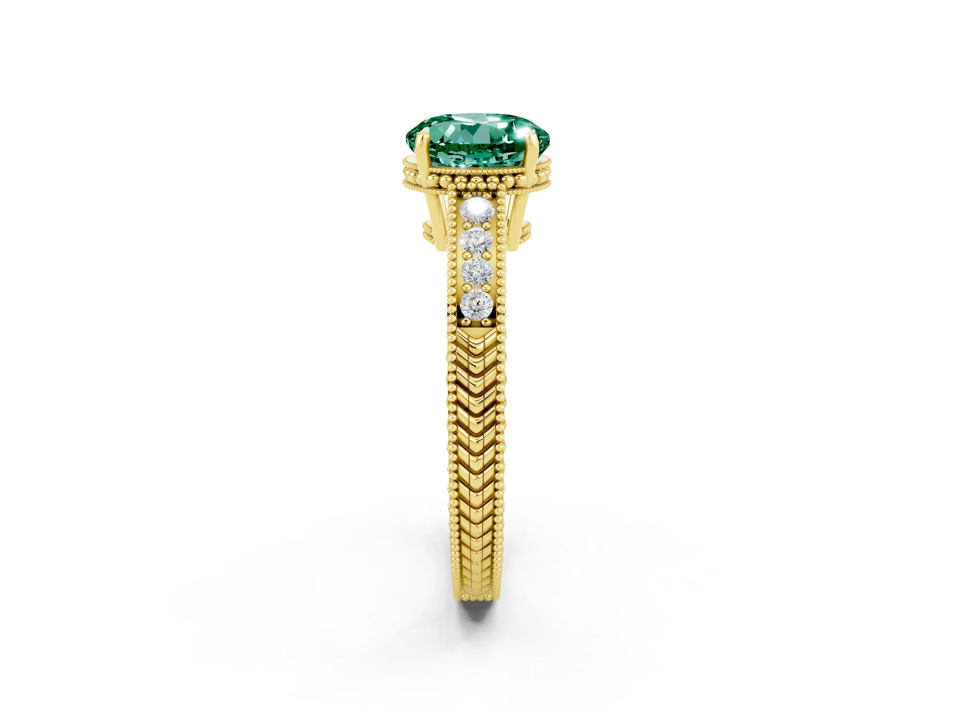 Yellow gold Round Cut Green Sapphire Ring with Milgrain Pavé Band and Four-Prong Setting_14