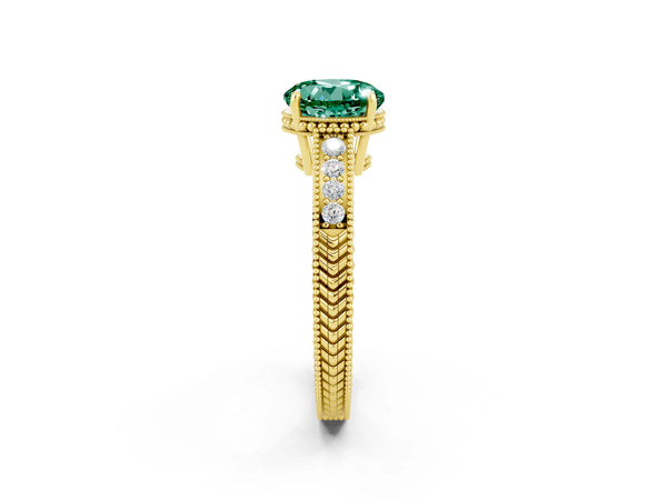 Yellow gold Round Cut Green Sapphire Ring with Milgrain Pavé Band and Four-Prong Setting