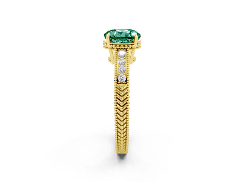 Yellow gold Round Cut Green Sapphire Ring with Milgrain Pavé Band and Four-Prong Setting_14