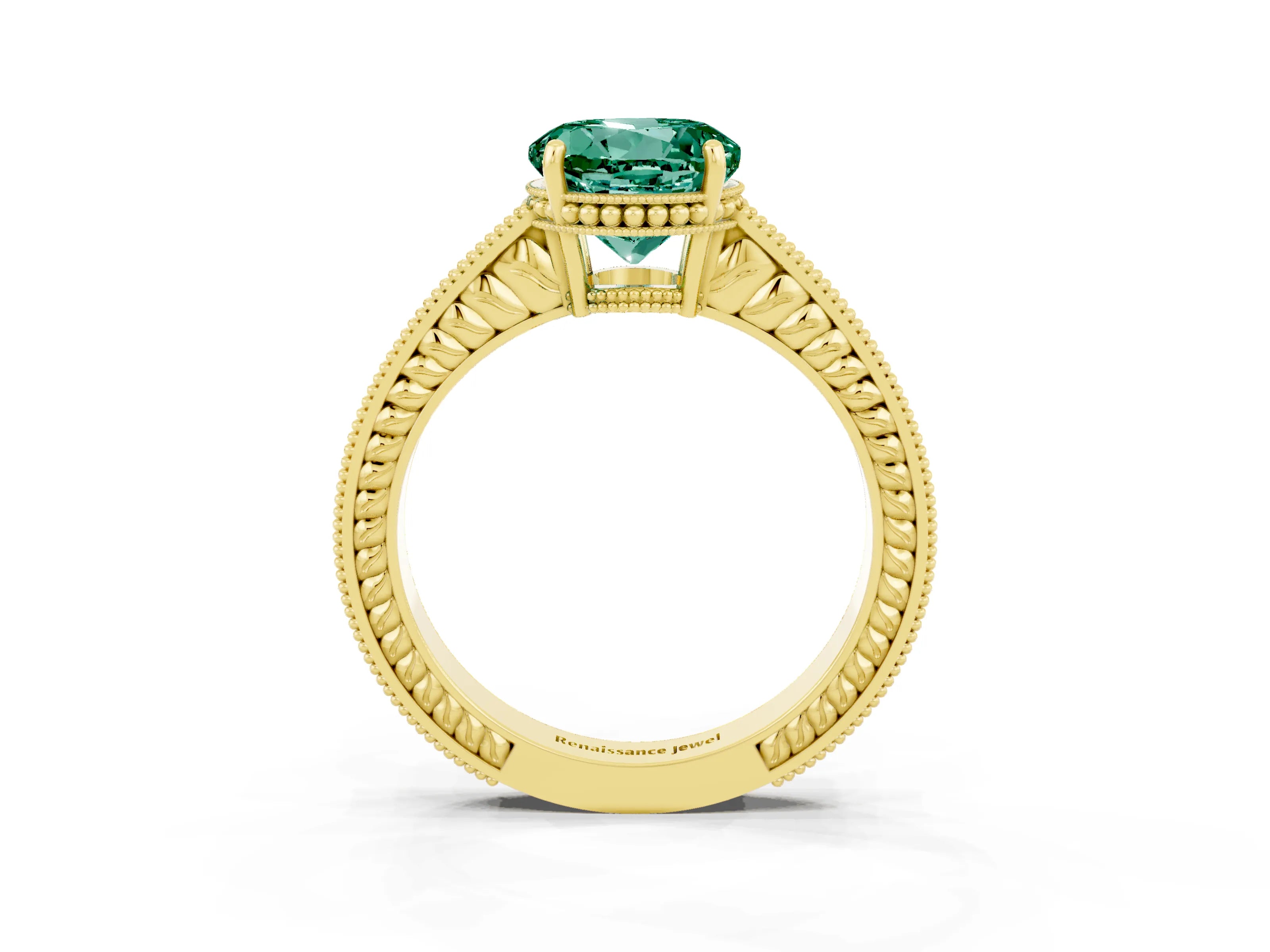 Yellow gold Round Cut Green Sapphire Ring with Milgrain Pavé Band and Four-Prong Setting_15