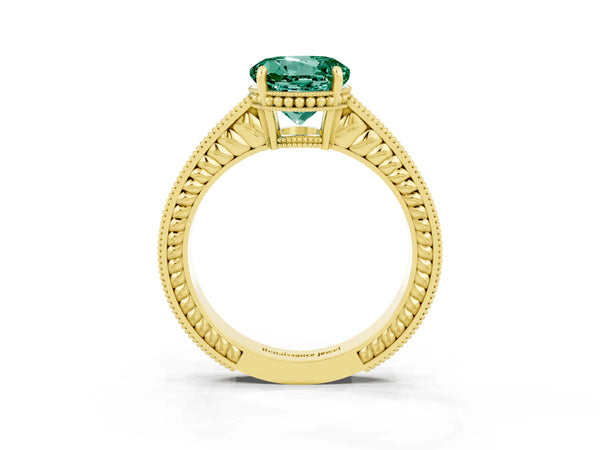Yellow gold Round Cut Green Sapphire Ring with Milgrain Pavé Band and Four-Prong Setting