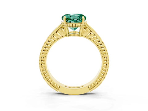 Yellow gold Round Cut Green Sapphire Ring with Milgrain Pavé Band and Four-Prong Setting_15