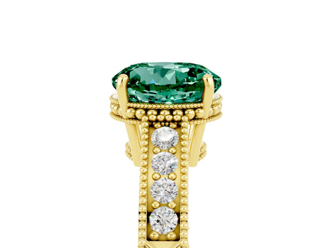 Yellow gold Round Cut Green Sapphire Ring with Milgrain Pavé Band and Four-Prong Setting_17