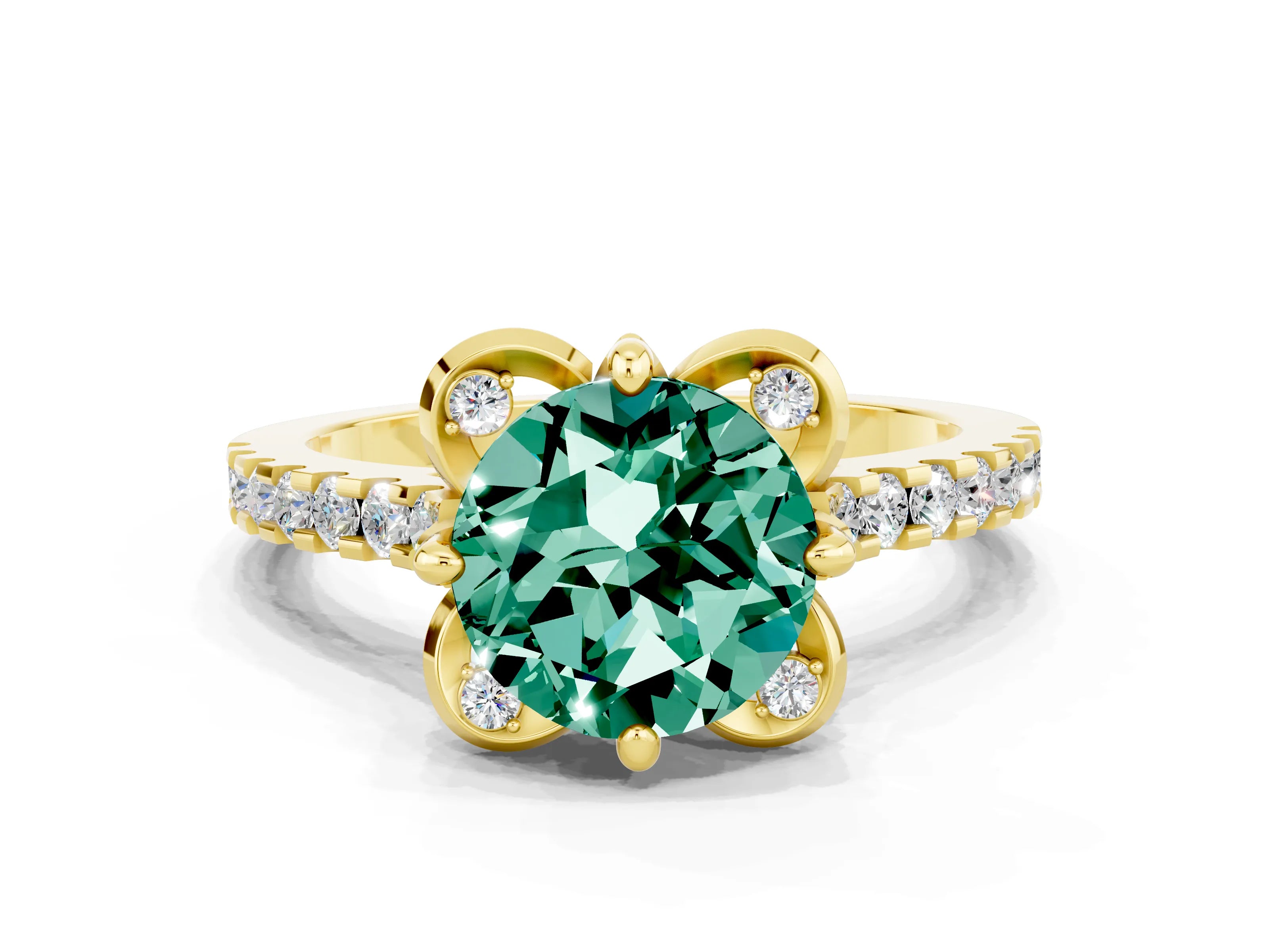 Yellow gold Round Cut Green Sapphire Ring with Pavé Band and Floral Prong Setting