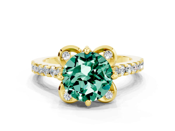 Yellow gold Round Cut Green Sapphire Ring with Pavé Band and Floral Prong Setting