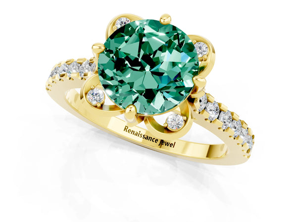 Yellow gold Round Cut Green Sapphire Ring with Pavé Band and Floral Prong Setting