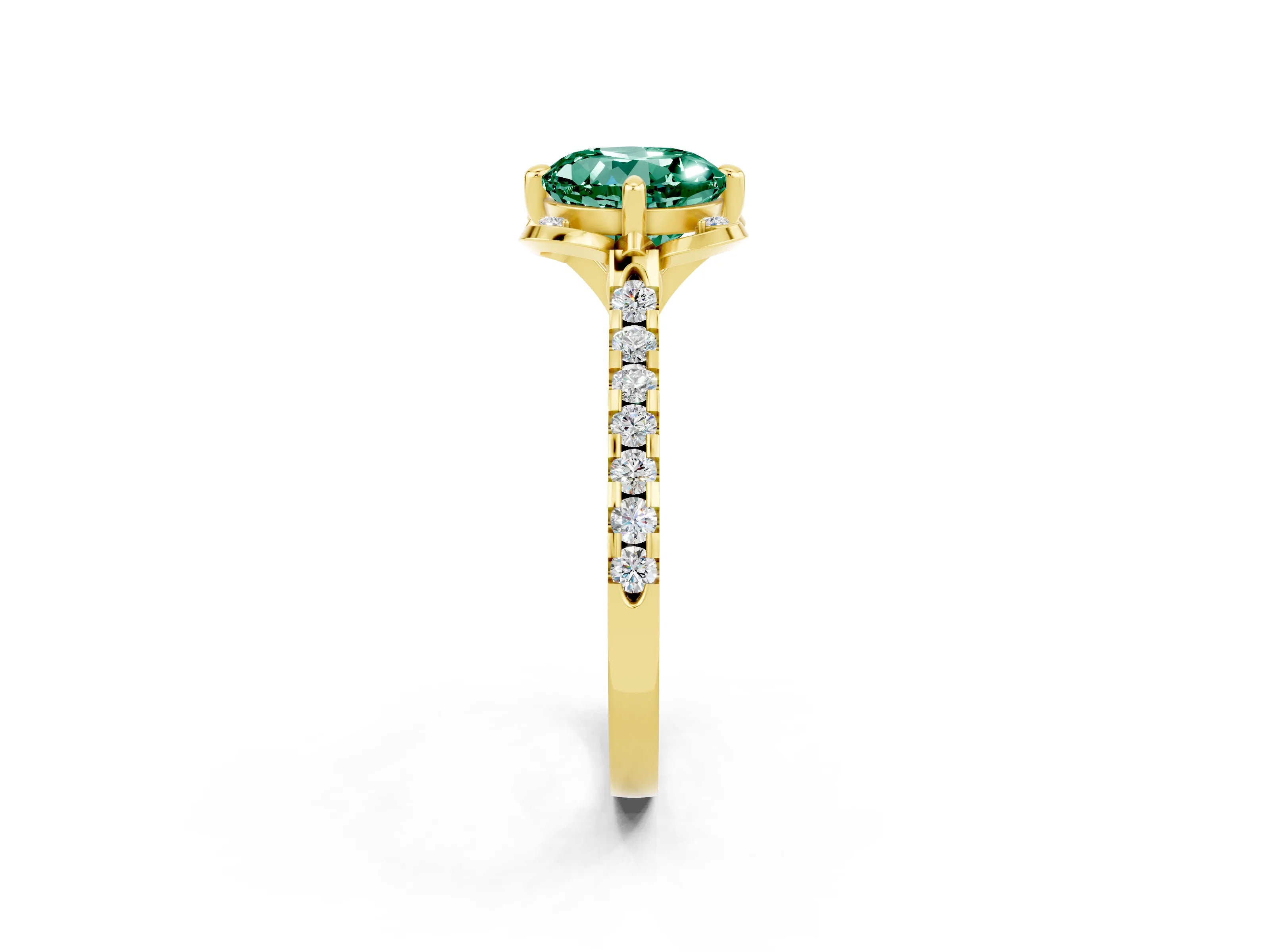 Yellow gold Round Cut Green Sapphire Ring with Pavé Band and Floral Prong Setting_2