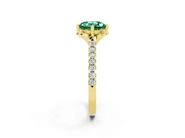 Yellow gold Round Cut Green Sapphire Ring with Pavé Band and Floral Prong Setting
