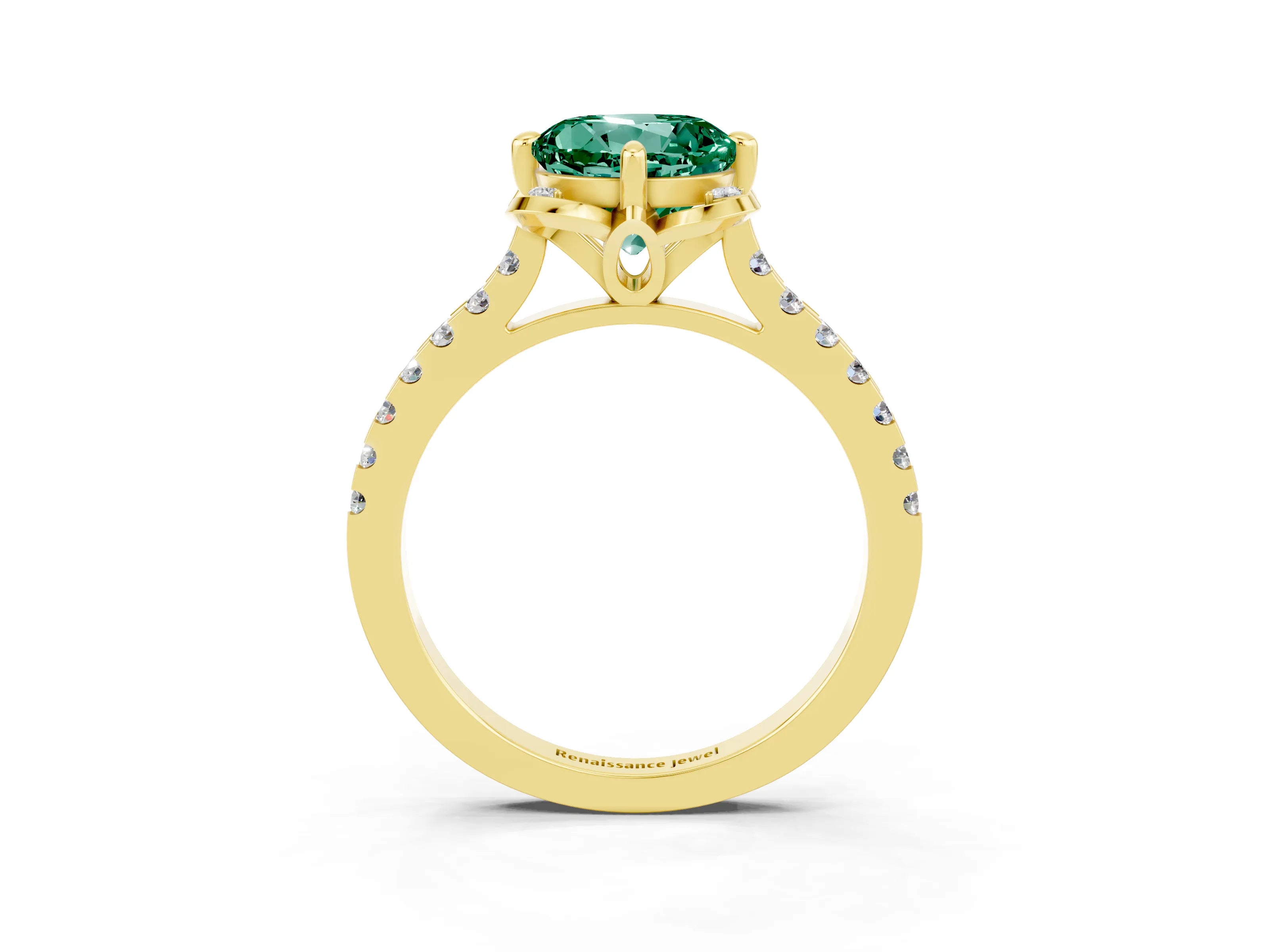 Yellow gold Round Cut Green Sapphire Ring with Pavé Band and Floral Prong Setting_3