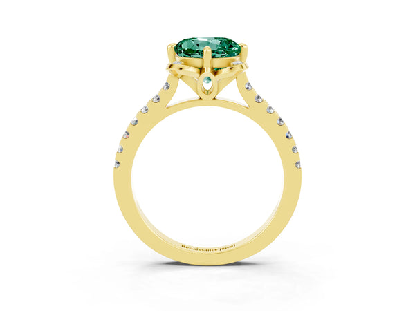 Yellow gold Round Cut Green Sapphire Ring with Pavé Band and Floral Prong Setting