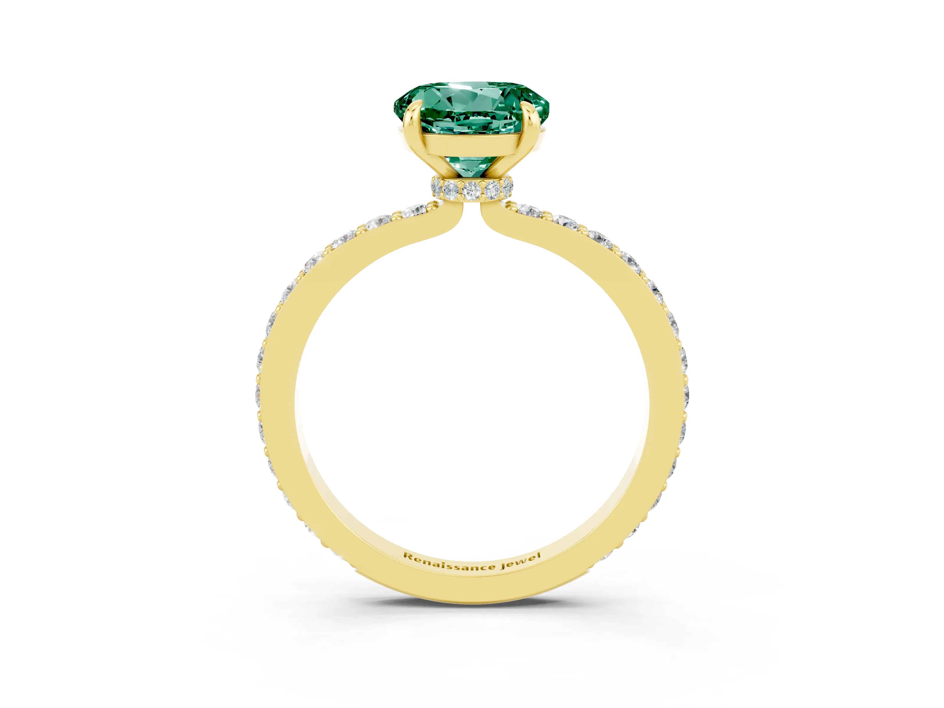 Yellow gold Round Cut Green Sapphire Ring with Pavé Band and Four-Prong Setting_3