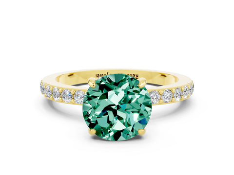 Yellow gold Round Cut Green Sapphire Ring with Pavé Band and Four-Prong Setting