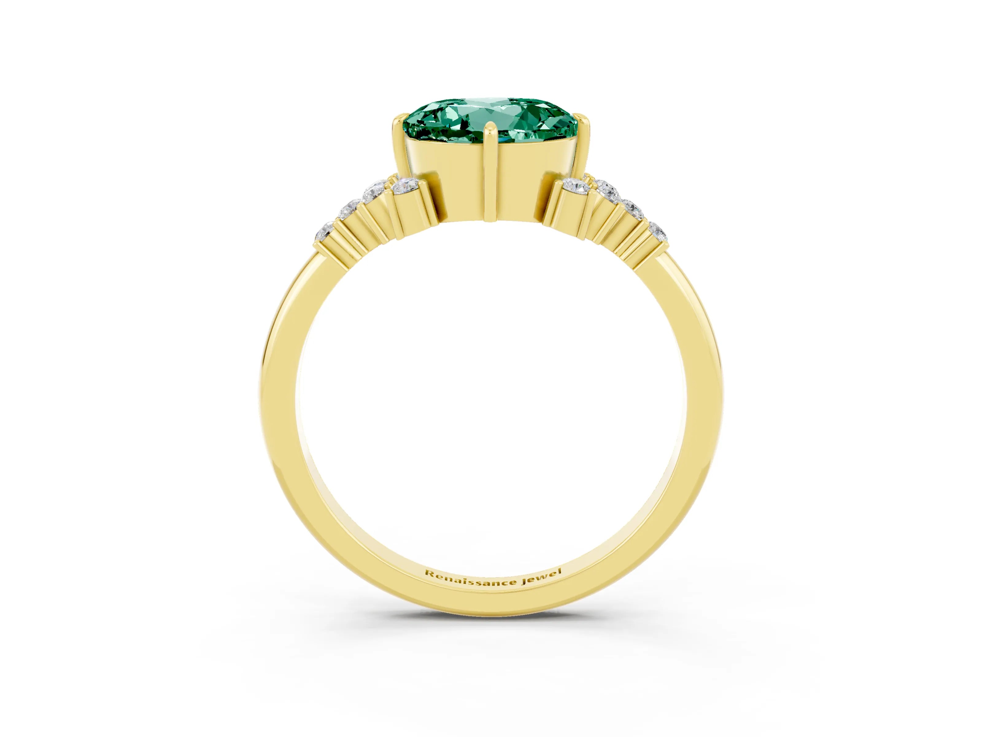 Yellow gold Round Cut Green Sapphire Ring with Side Stones and Four-Prong Setting_39