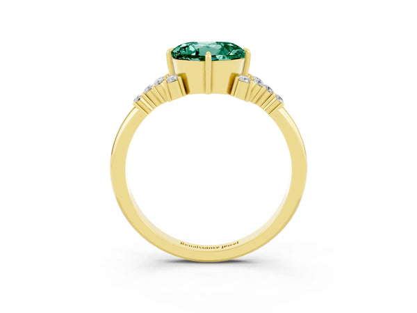 Yellow gold Round Cut Green Sapphire Ring with Side Stones and Four-Prong Setting
