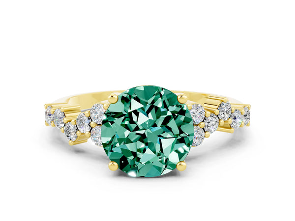 Yellow gold Round Cut Green Sapphire Scattered Round Accent Ring with Prong Setting