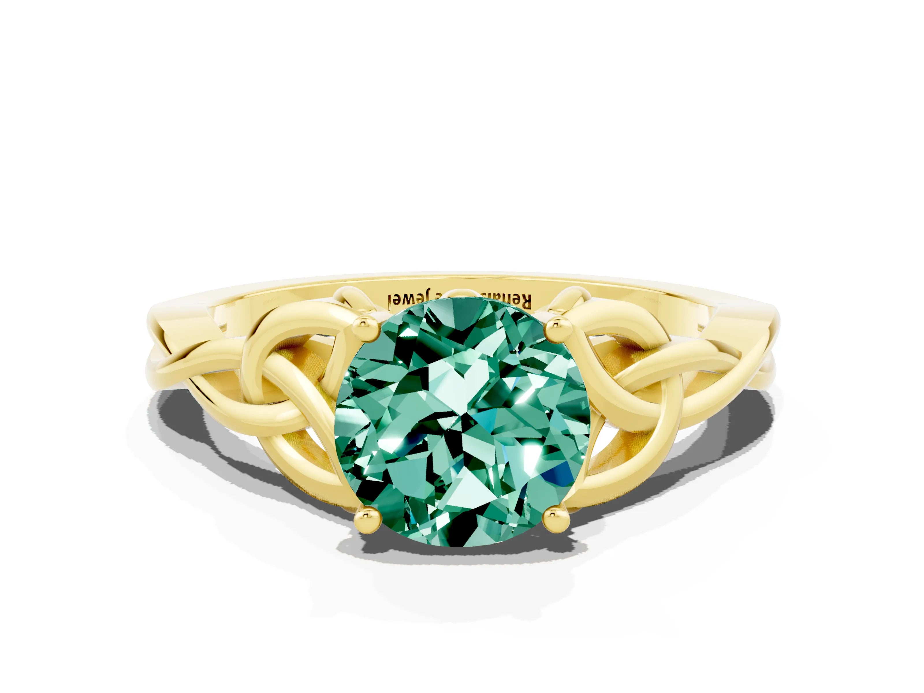 Yellow gold Round Cut Green Sapphire Solitaire Celtic Knot Ring with Four-Prong Setting_12