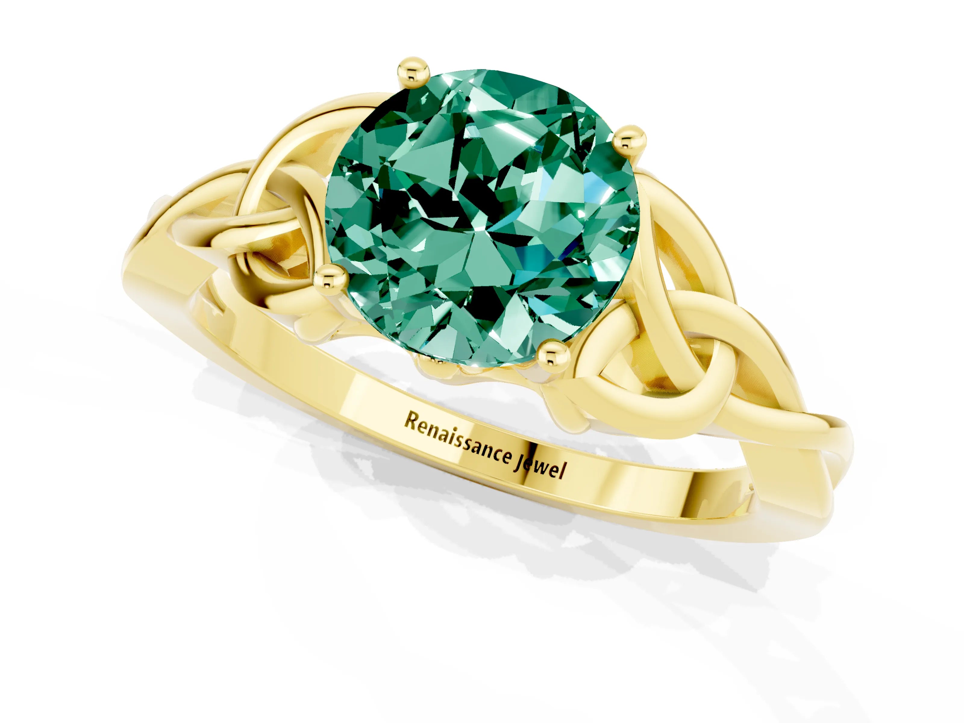 Yellow gold Round Cut Green Sapphire Solitaire Celtic Knot Ring with Four-Prong Setting_13