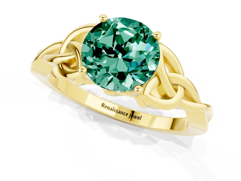 Yellow gold Round Cut Green Sapphire Solitaire Celtic Knot Ring with Four-Prong Setting_13