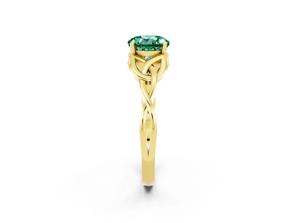 Yellow gold Round Cut Green Sapphire Solitaire Celtic Knot Ring with Four-Prong Setting