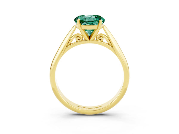 Yellow gold Round Cut Green Sapphire Solitaire Engagement Ring with Cathedral Setting and Four-Prong Mount