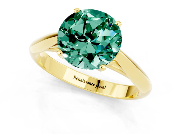 Yellow gold Round Cut Green Sapphire Solitaire Engagement Ring with Cathedral Setting and Four-Prong Mount