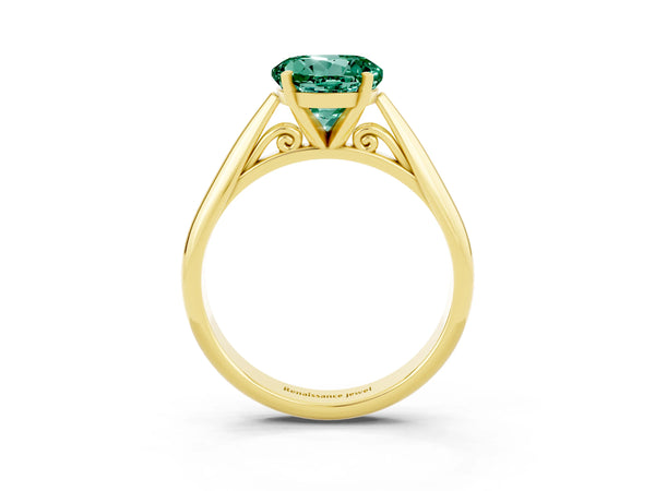 Yellow gold Round Cut Green Sapphire Solitaire Engagement Ring with Cathedral Setting and Four-Prong Mount