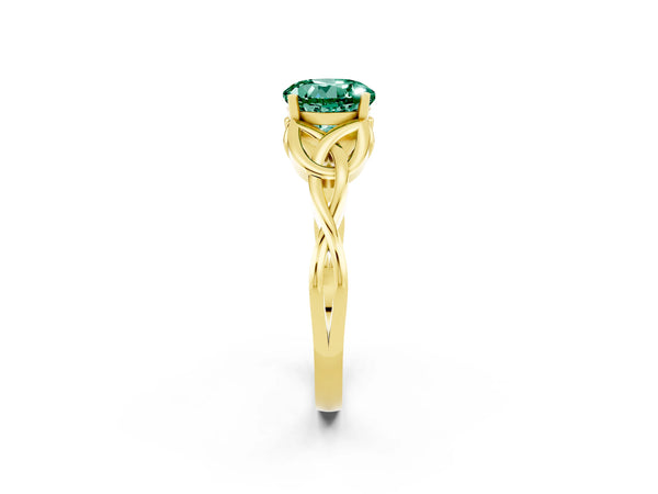 Yellow gold Round Cut Green Sapphire Solitaire Engagement Ring with Celtic Knot Band and Four-Prong Setting